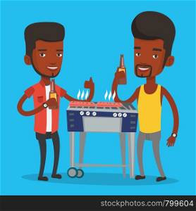 Friends preparing barbecue and drinking beer. Group of friends having fun at a barbecue party. Smiling african-american friends having a barbecue party. Vector flat design illustration. Square layout.. Friends having fun at barbecue party.