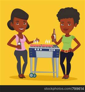 Friends preparing barbecue and drinking beer. Group of friends having fun at a barbecue party. African-american female friends having a barbecue party. Vector flat design illustration. Square layout.. Friends having fun at barbecue party.