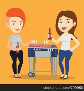 Friends preparing barbecue and drinking beer. Group of friends having fun at a barbecue party. Smiling caucasian female friends having a barbecue party. Vector flat design illustration. Square layout.. Caucasian friends having fun at barbecue party.