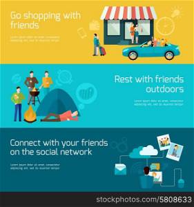 Friends relationships horizontal banner set with shopping outdoor rest and social network elements isolated vector illustration. Friends Banner Set