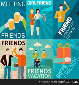 Friends relationships mini poster set with meeting vacations gifts isolated vector illustration. Friends Mini Poster Set