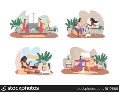 Friends relax at home together 2D vector web banner, poster set. Women relax and talk flat characters on cartoon background. Dinner date online printable patch, colorful web element collection. Friends relax at home together 2D vector web banner, poster set