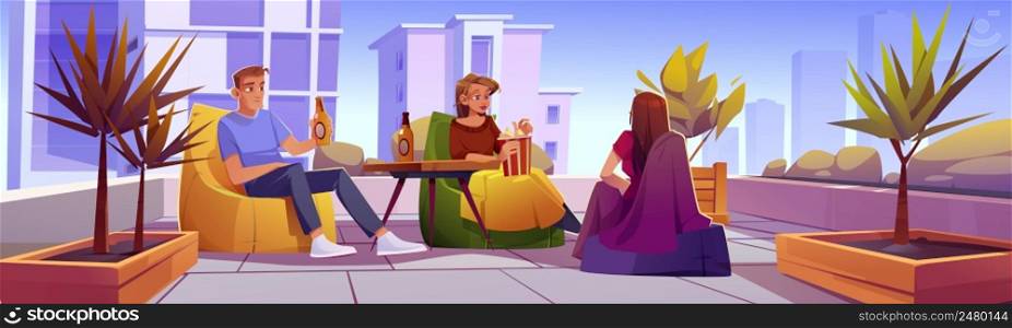 Friends relax at rooftop or home terrace with cityscape view. People resting on open roof top patio or veranda sitting on chairs at table with popcorn, beer and blankets, Cartoon vector illustration. Friends relax at rooftop terrace with city view