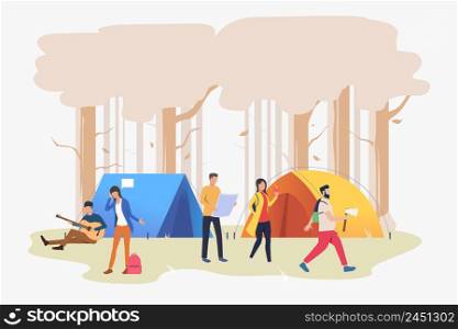 Friends resting at campsite in wood vector illustration. Vacation, hiking, recreation. Tourism concept. Design for website templates, posters, banners