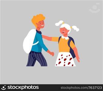 Friends schoolchildren character are laughing and talking. Stylish smiling boys and girls. Friendly group of go in school to study. Colorful cartoon concept vector illustration. Friends schoolchildren character are laughing and talking. Stylish smiling boys and girls. Friendly group of go in school to study