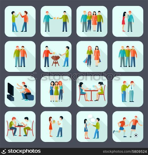 Friends Shadow Icons Set . Friends shadow icons set with activities and leisure on grey background flat isolated vector illustration