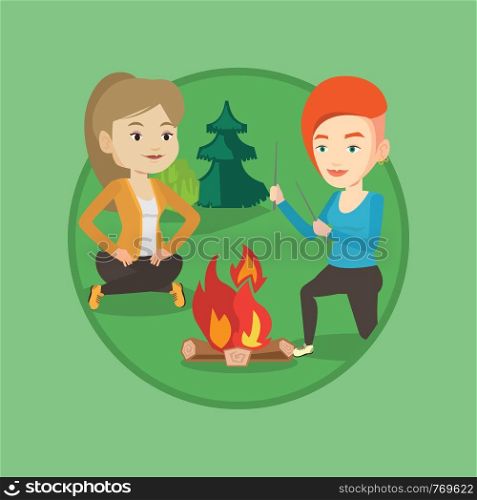 Friends sitting around campfire. Friends having fun in camping. Tourists relaxing near campfire. Concept of travel and tourism. Vector flat design illustration in the circle isolated on background.. Two friends sitting around bonfire in camping.