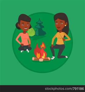 Friends sitting around campfire. Friends having fun in camping. Tourists relaxing near campfire. Concept of travel and tourism. Vector flat design illustration in the circle isolated on background.. Two friends sitting around bonfire in camping.