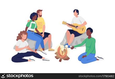 Friends sitting around campfire semi flat color vector characters. Full body people on white. Outdoor recreation isolated modern cartoon style illustration for graphic design and animation. Friends sitting around campfire semi flat color vector characters