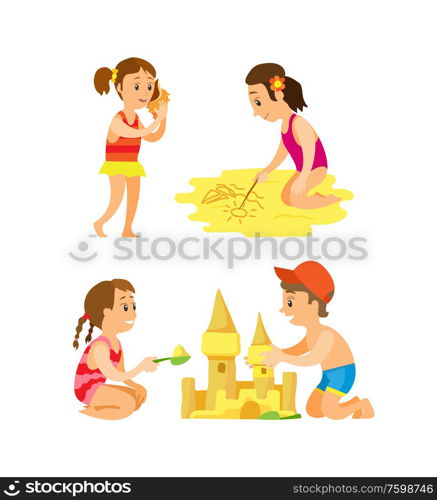 Friends sitting on beach and making castle, drawing on sand, girl putting seashell on hear. Set of summer activity, people isolated on white vector. Summer Activity on Beach, People on Sand Vector