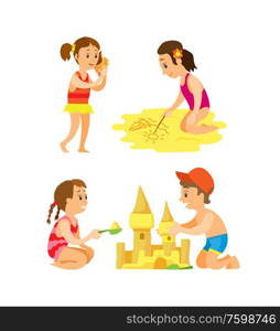 Friends sitting on beach and making castle, drawing on sand, girl putting seashell on hear. Set of summer activity, people isolated on white vector. Summer Activity on Beach, People on Sand Vector