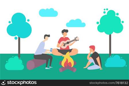 Friends sitting on log and grass near bonfire, man playing guitar, people leisure in forest or park, trees and bushes, cloudy weather, nature vector. People in park, Playing Guitar, Bonfire Vector