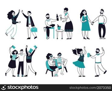 Friends spend time together. Happy friend, people group talking and drink. Event person, isolated laughing young guy on party decent vector set. Illustration friendship cheerful together woman and man. Friends spend time together. Happy friend, people group talking and drink. Event person, isolated laughing young guys on party decent vector set