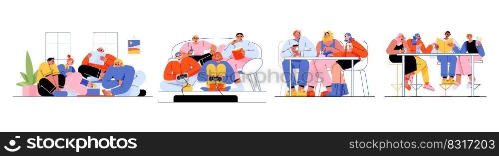 Friends spend time together, happy people communicate, meeting, fun hobby, sparetime. Young men and women playing video games at home, chatting in cafe, playing board games, Line art flat vector set. Friends spend time together, happy people set