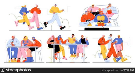 Friends spend time together, happy people communicate, meeting, reading, walking. Young men and women playing video games at home, chatting in cafe, fun hobby, sparetime, Line art flat vector set. Friends spend time together, happy people meeting