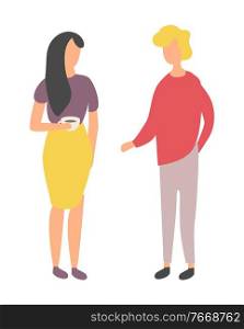 Friends spend time together isolated cartoon people. Vector woman with cup of coffee and blond man in red sweater discussing something, flat design. Friend Spend Time Together Isolated Cartoon People