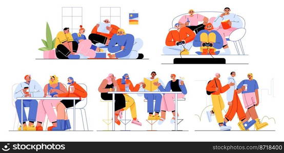 Friends spend time together, play games, eat and walk. Young people group sitting in bar with drinks, at table in cafe, playing video and board games, vector flat illustration. Friends spend time together, play games, eat, walk