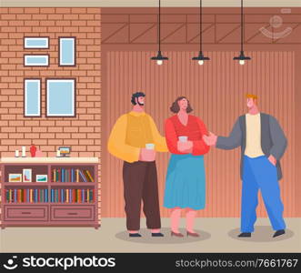 Friends spending time and talking together. People have conversation at home reception. Men hold glasses with drinks in hands. Room interior with bookshelf. Vector illustration in flat style. Home Reception, Friends Spending Time Together