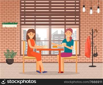 Friends spending time together at home or restaurant. Meeting of two women for intimate talk, private conversation in cafe. People drink coffee and eat cake. Vector illustration in flat style. Intimate Conversation Between Two Women in Cafe
