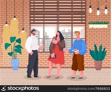Friends spending time together at home reception. People standing and talking with each other. Cozy room interior with houseplants and cityscape through window. Vector illustration in flat style. Friends Spending Time and Talking Together at Home
