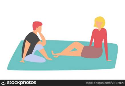 Friends spending time together, cartoon people sitting on carpet and talking. Vector two women discussing something on rug, isolated ladies flat stye. Friends Spend Time, Cartoon People Sit on Carpet
