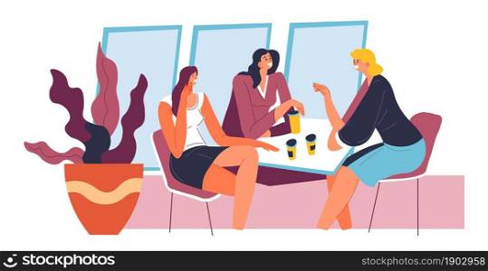Friends spending time together, drinking coffee in cafe or restaurant and talk. Female friends enjoying conversation, cheerful ladies at weekends. Sisters or relatives on meeting. Vector in flat style. Female characters sitting in cafe and talking