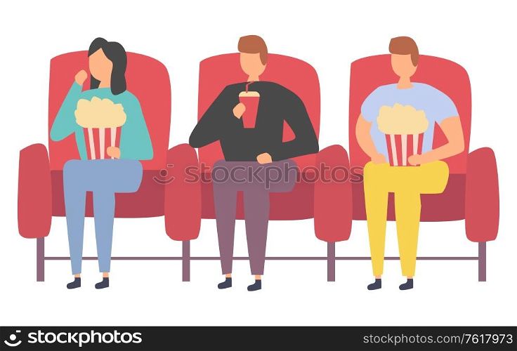 Friends spending time together in cinema vector, people sit in hall watching movie drink and eat popcorn, people gathered for entertainment and joyful time. Friends Watching Movie Spending Time Together