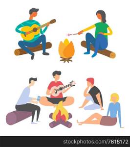 Friends spending time together near bonfire vector, students sit around campfire playing guitar and singing songs, guy having date with girl by fire. Friends Spending Time and Playing Acoustic Guitar