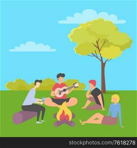 Friends spending time vector, summer vacation together in park camping near campfire, people playing guitar outdoor activity, happy weekend with friend, summertime by bonfire. Friends Spending Time Together on Summer Vacation