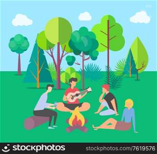 Friends spending time vector, summer vacation together in park camping near campfire, people playing guitar outdoor activity, summertime by bonfire. Friends Spending Time Together on Summer Vacation