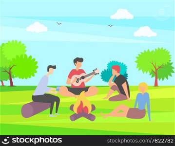 Friends spending time vector, summer vacation together in park camping near campfire, people playing guitar outdoor activity, happy weekend with friend, summertime by bonfire. Friends Spending Time Together on Summer Vacation