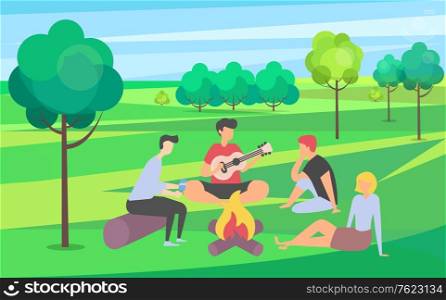 Friends spending time vector, summer vacation together in park camping near campfire, people playing guitar outdoor activity, happy weekend with friend, summertime by bonfire. Flat cartoon. Friends Spending Time Together on Summer Vacation