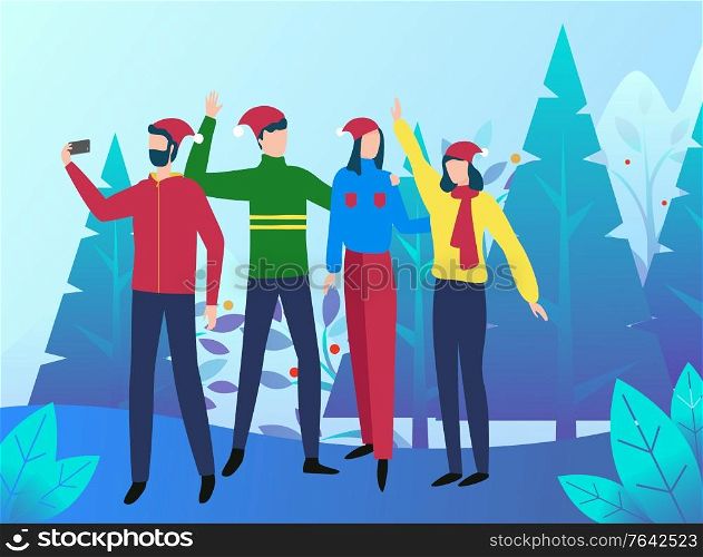 Friends spending winter holidays in vacation on nature vector. People taking selfie with pine forest on background. Christmas or new year celebration. Colleagues or couples posing outdoors flat style. People Taking Selfie, Winter Landscape Background