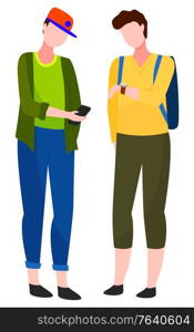Friends standing together and talking. Guy in hat and green jacket with smartphone in hands. Man in yellow shirt with backpack looking on friend phone. People communication, vector illustration. Men Standing Together and Talking, Communication