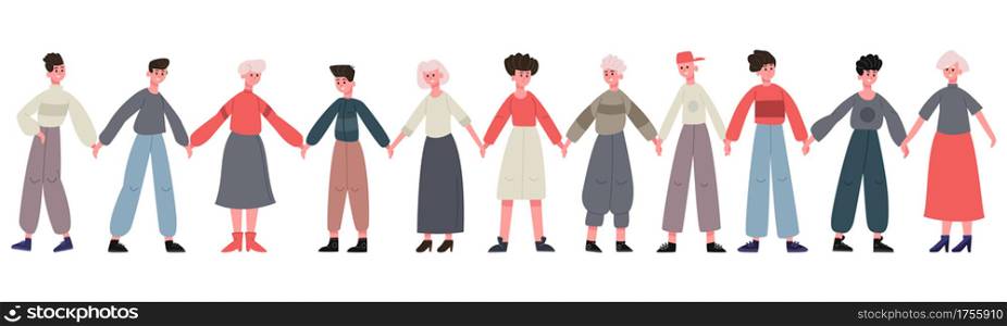 Friends standing together. Group of happy friends holding hands, happiness and friendship. Smiling people stand in row together vector illustration set. Happy unity or community of teenagers. Friends standing together. Group of happy friends holding hands, happiness and friendship. Smiling people stand in row together vector illustration set