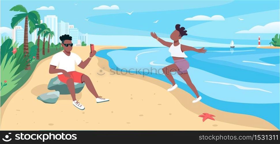 Friends taking photo at sandy beach flat color vector illustration. Summertime recreation. Tourist taking selfie 2D cartoon character with ocean and tropical palm trees on background . ZIP file contains: EPS, JPG. If you are interested in custom design or want to make some adjustments to purchase the product, don&rsquo;t hesitate to contact us! bsd@bsdartfactory.com. Friends taking photo at sandy beach
