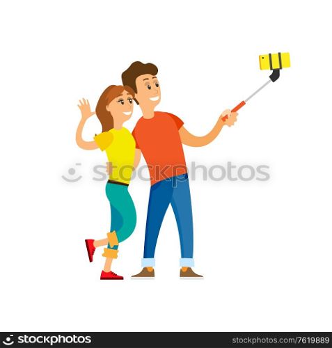 Friends taking selfie and laughing, man embracing woman with rising hand, people in casual clothes. Full length and portrait view of couple vector. People Taking Selfie, Couple and Smartphone Vector