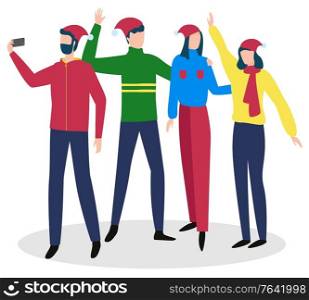 Friends taking selfie celebrating winter holidays together vector. Isolated characters having fun in company. Colleagues on new year or christmas making photo on smartphone. Flat style illustration. People Taking Selfie Wearing Santa Hats Vector