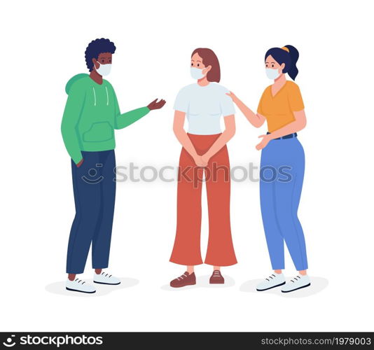 Friends talk in face masks semi flat color vector characters. Interacting figures. Full body people on white. Covid safety isolated modern cartoon style illustration for graphic design and animation. Friends talk in face masks semi flat color vector characters