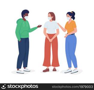 Friends talk in face masks semi flat color vector characters. Interacting figures. Full body people on white. Covid safety isolated modern cartoon style illustration for graphic design and animation. Friends talk in face masks semi flat color vector characters