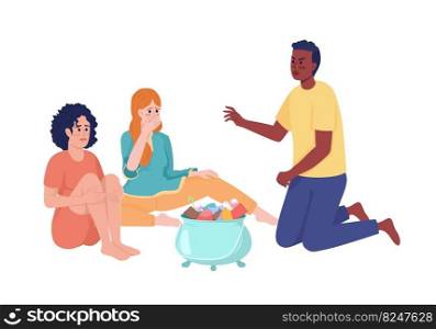 Friends telling scary stories at Halloween semi flat color vector characters. Editable figures. Full body people on white. Party simple cartoon style illustration for web graphic design and animation. Friends telling scary stories at Halloween semi flat color vector characters