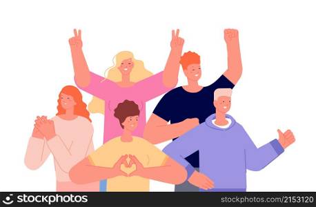 Friends together concept. Happy excited people, young business group. Celebration party team, cartoon friendship utter vector illustration. Friendship team, celebrating together, cheerful and excited. Friends together concept. Happy excited people, young business group. Celebration party team, isolated cartoon friendship utter vector illustration
