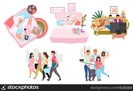 Friends together flat vector illustration set. Group of people spending time cartoon characters. Male and female best friends meeting. Friendship. Women, men eating pizza, watching film, taking selfie