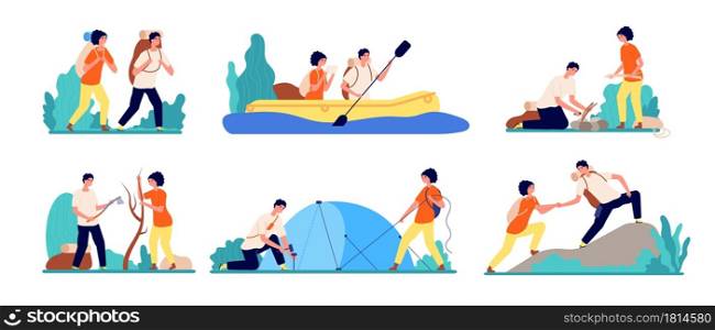Friends travel adventures. Hiking tourist, man boating on river travelling. Adults journey camping, peak mountain utter vector set. Illustration man and woman tourism activity, adventure camping. Friends travel adventures. Hiking tourist, man boating on river travelling. Adults journey camping, couple on peak mountain utter vector set