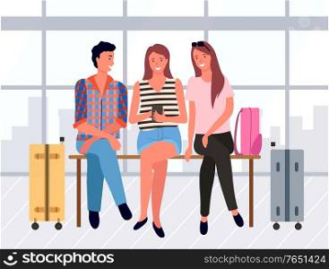 Friends travelers sitting on bench in departure lounge, man and woman with baggage and backpack. Smiling tourists male and female in airport, travel vector. People Sitting in Departure Lounge, Friends Vector