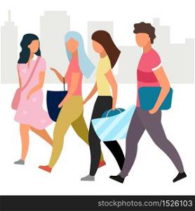 Friends walking together flat vector illustration. Girls and guy at city street cartoon characters. Students, tourists going and talking. Friendship concept. Group of people spending time, meeting
