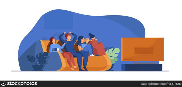 Friends watching horror movie. Group of young people sitting on sofa at TV, covering eyes. Vector illustration for leisure, friendship, Halloween concept