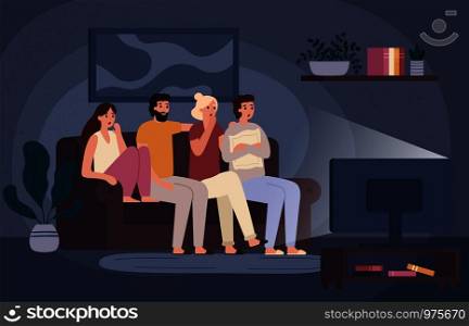 Friends watching horror movie together. Scared teens sitting on sofa and watch scary movie in dark living room. Fear face characters, young people watching film and afraid vector illustration. Friends watching horror movie together. Scared teens sitting on sofa and watch scary movie in dark living room vector illustration