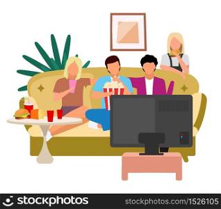 Friends watching TV flat vector illustration. Girls, guys watch film, movie with popcorn and fast food cartoon characters. Best friends spending time together, meeting. Friendship concept