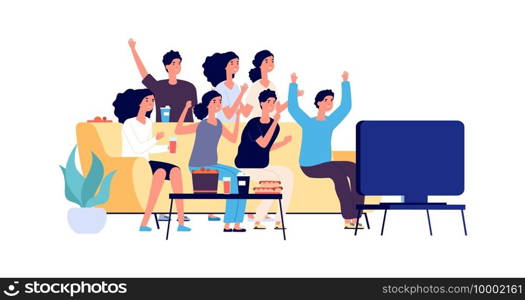 Friends watching TV. Students party. Young people, teenagers with fast food and drinks. Vector fans watch match on TV. Illustration tv party watching football, man and woman together. Friends watching TV. Students party. Young people, teenagers with fast food and drinks. Vector fans watch match on TV